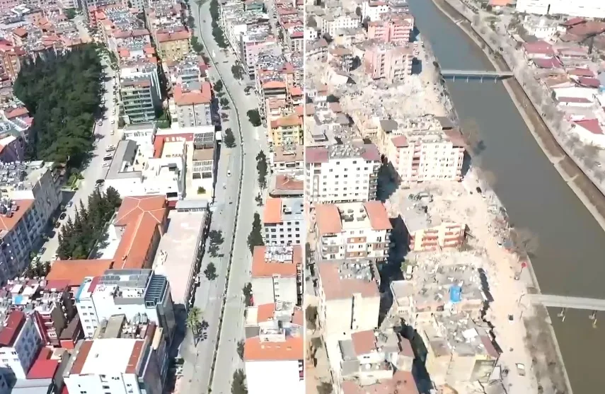 قبل و بعد از زلزله در خیابان‌های شلوغ هاتای