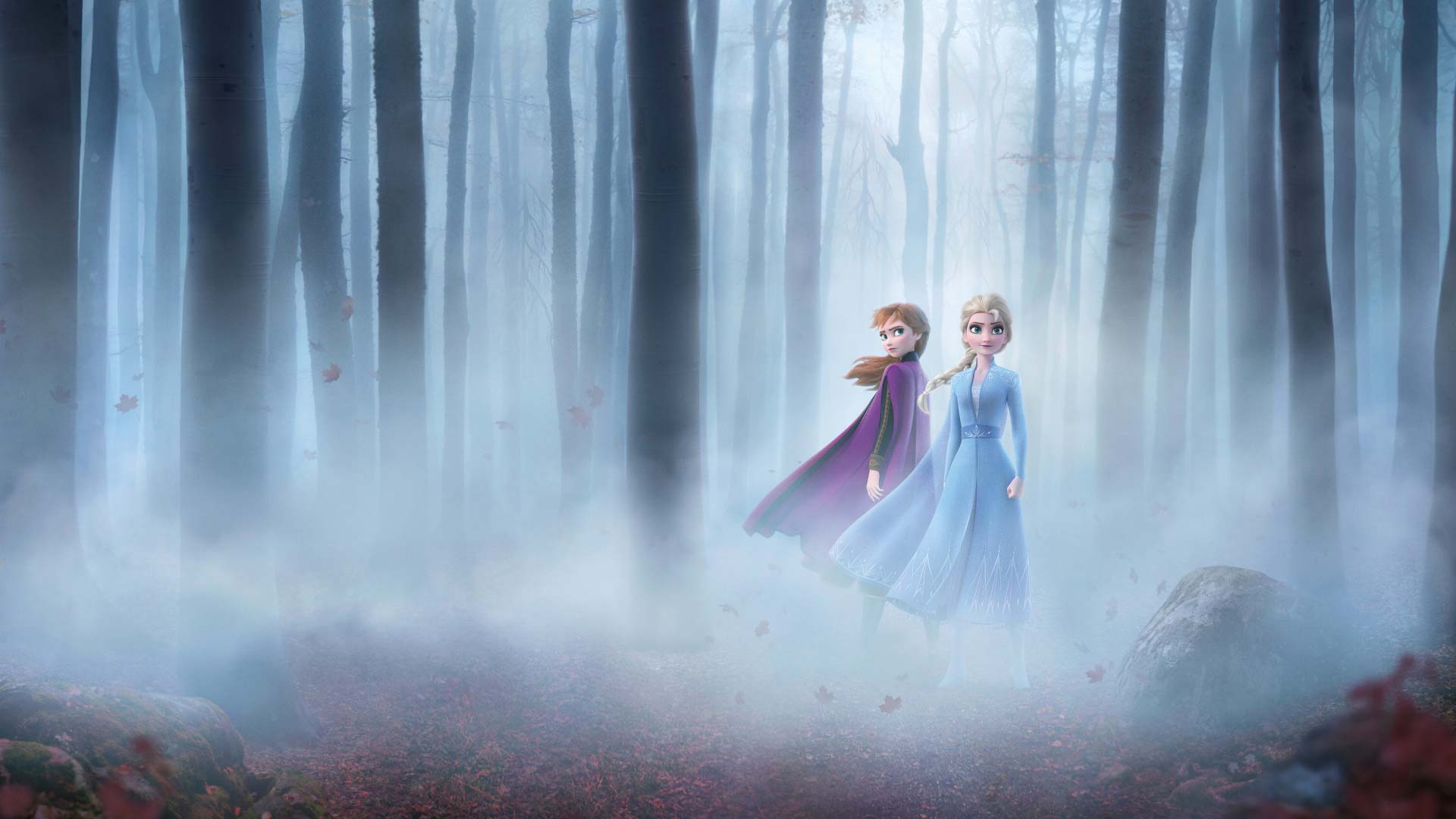 frozen elsa anna in jungle among fog