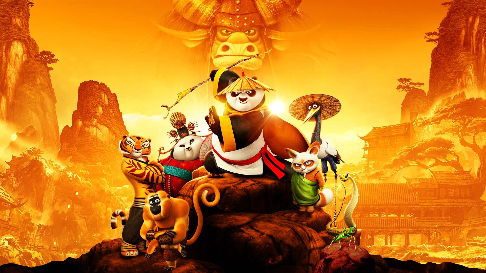 kung fu panda all members orange background some fighter