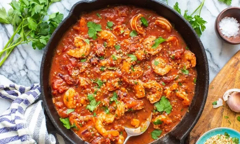 خوراک میگو با سس گوجه تند1